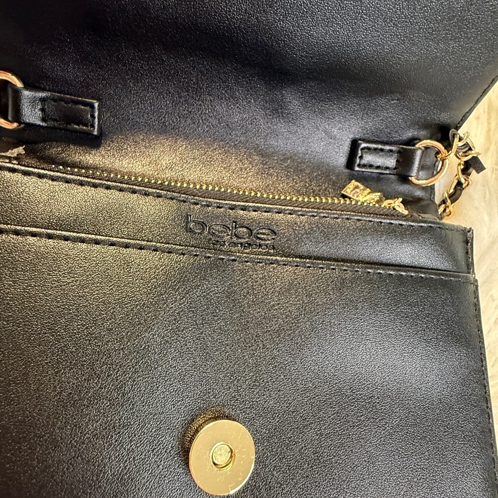 Bebe Chevron Black Mini Flap Bag Gold Chain Strap - Picture 4 of 16